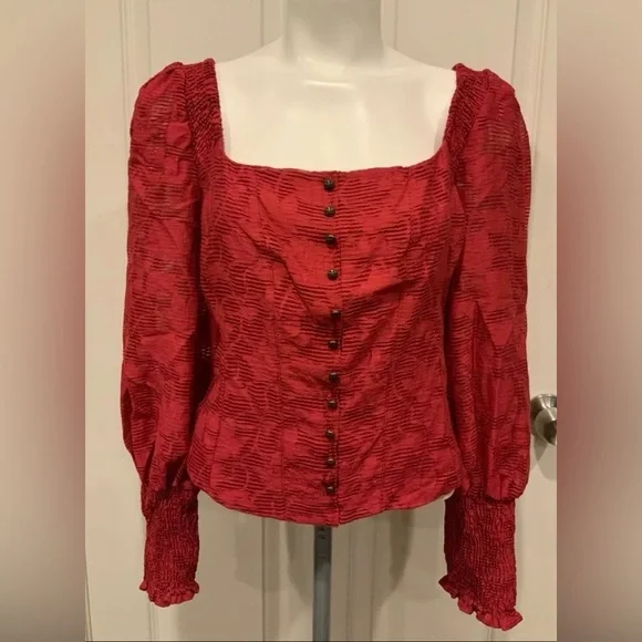 NWT Anthropologie Raspberry Red Square Neck Shirt W/Poet Sleeves Size M - Picture 2 of 10